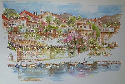 Libanon: Byblos (Jbeil), Aquarell von Dagmar Hodgkinson