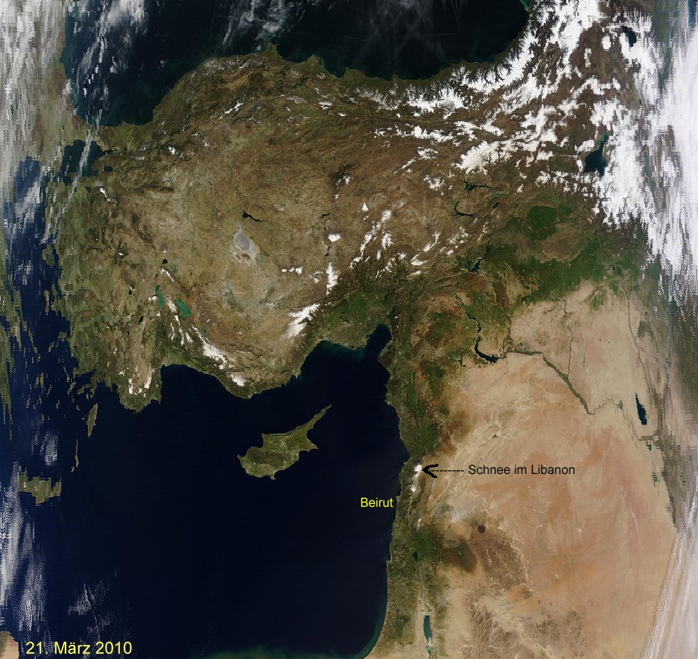 Libanon: Tag des kalendarischen Frhlingsbeginns im Nahen Osten (21. Mrz 2010), MODIS-Satellitenbild