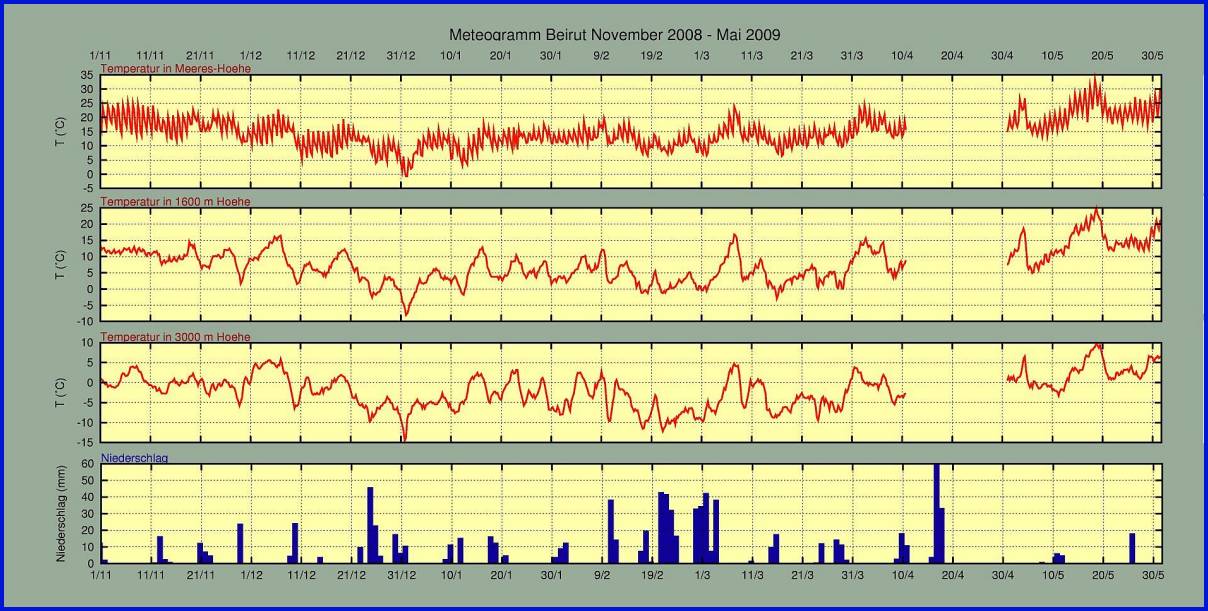 Libanon: Wintersaison 2008/2009: tgliche Entwicklung der Temperaturen und des Niederschlags